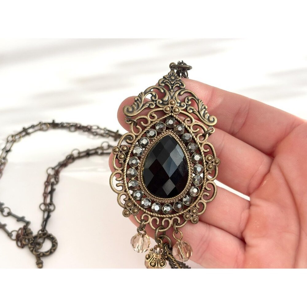 Victorian Inspired Teardrop Shaped Bronzed Faux Filigree Pendant Necklace - 18" - Picture 11 of 14